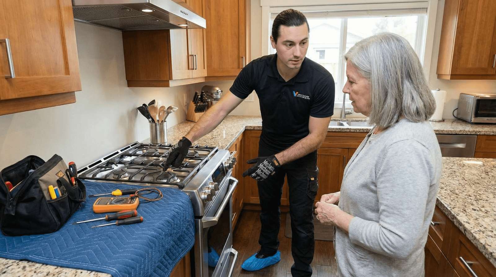 Red Seal technician repairing a cooktop and stove in a Vancouver home