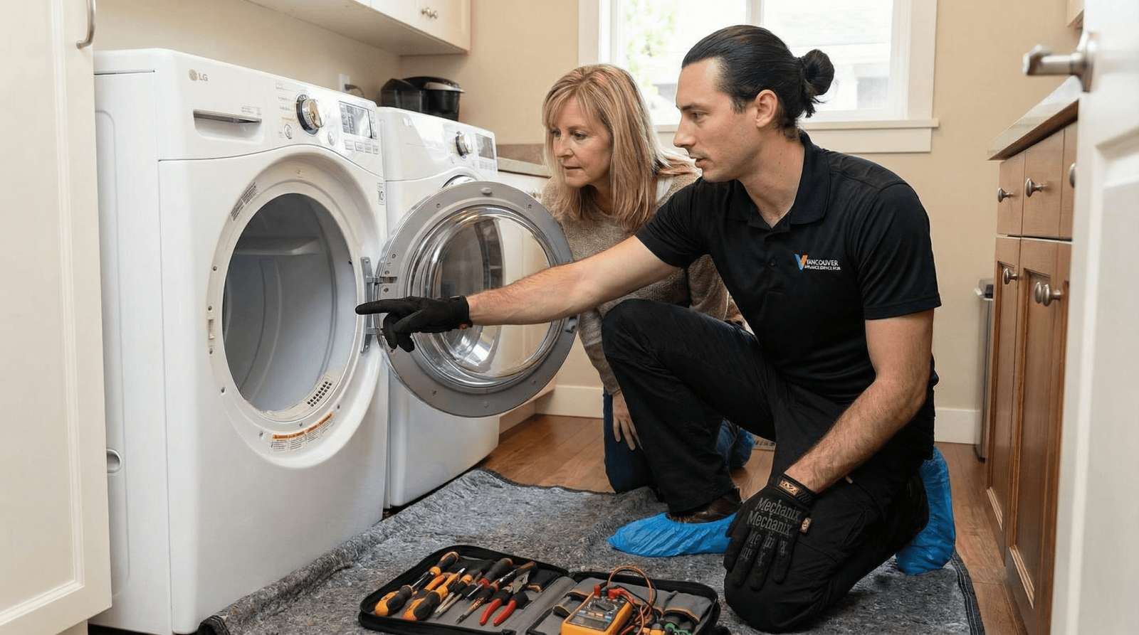 Red Seal technician repairing a clothes dryer in a Vancouver home