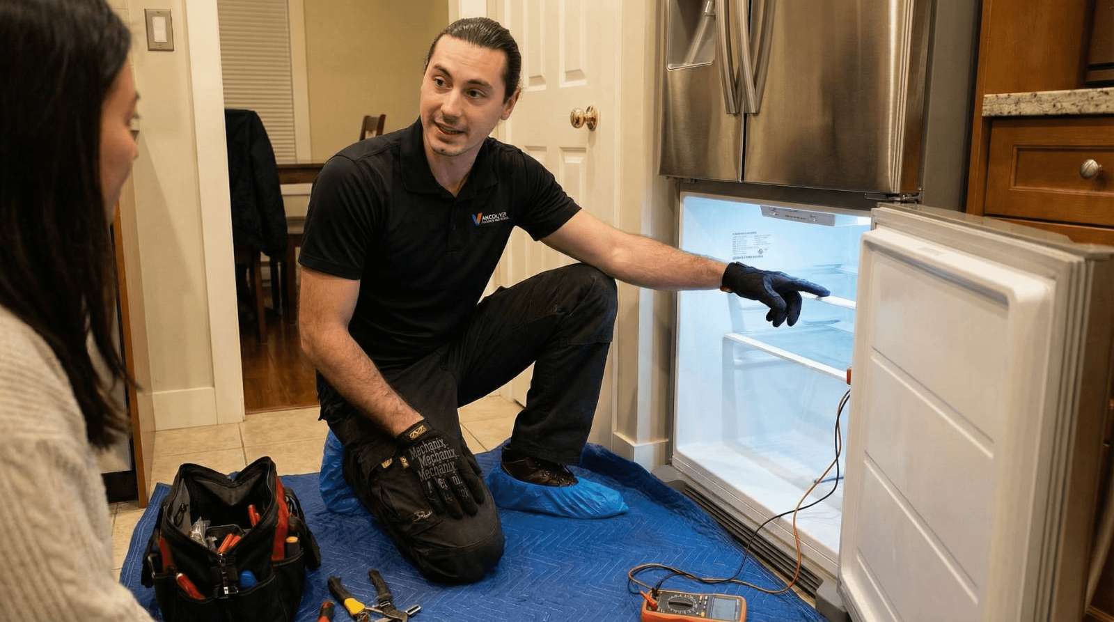 Red Seal technician repairing a refrigerator in a Vancouver home