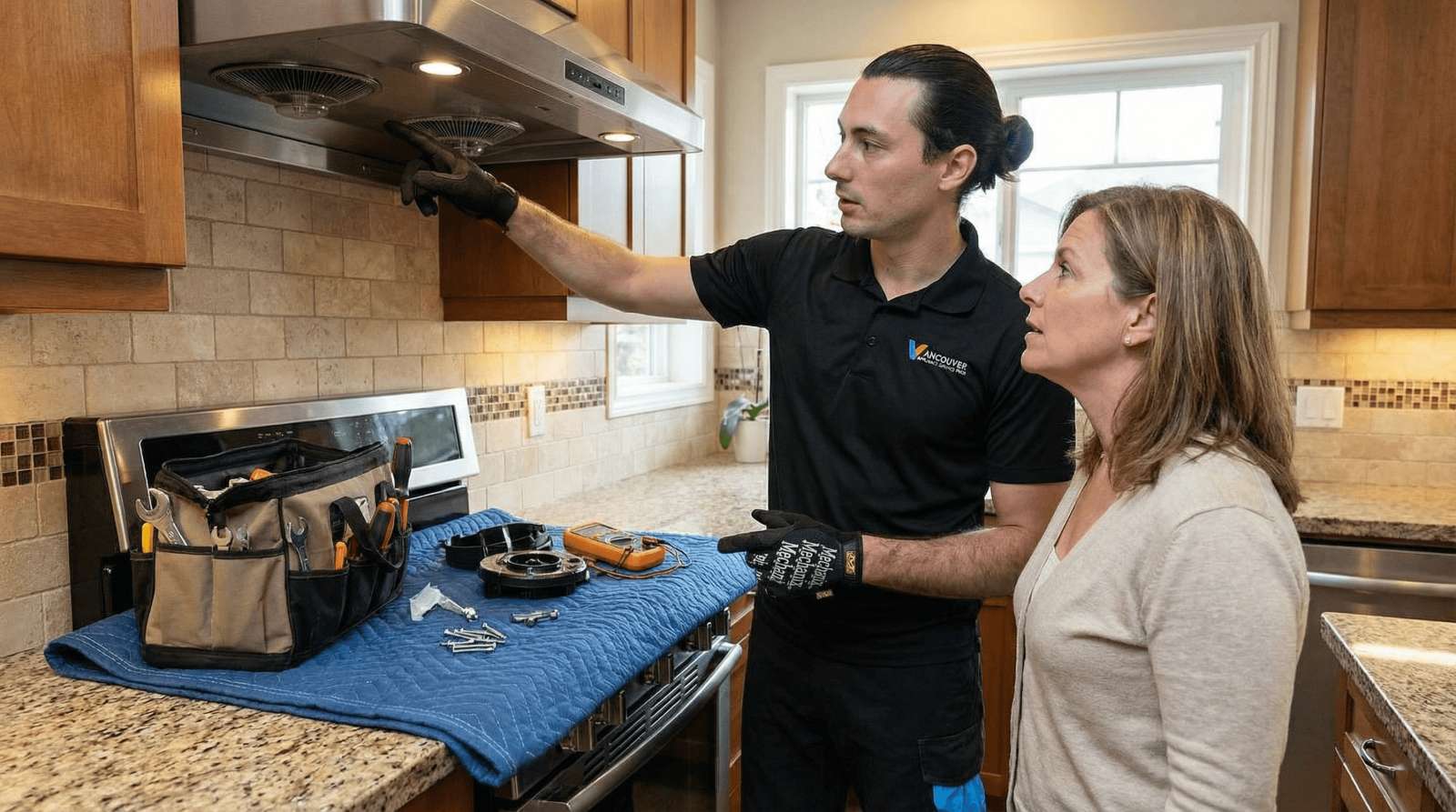 Red Seal technician repairing a range hood fan in a Vancouver home