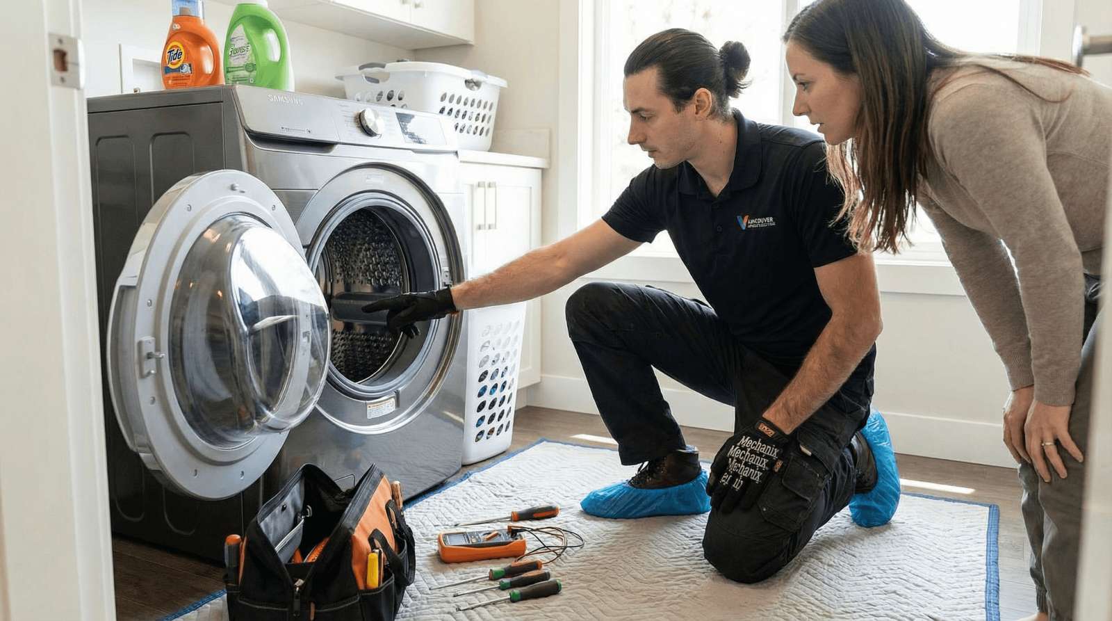 Red Seal technician repairing a washing machine in a Vancouver home