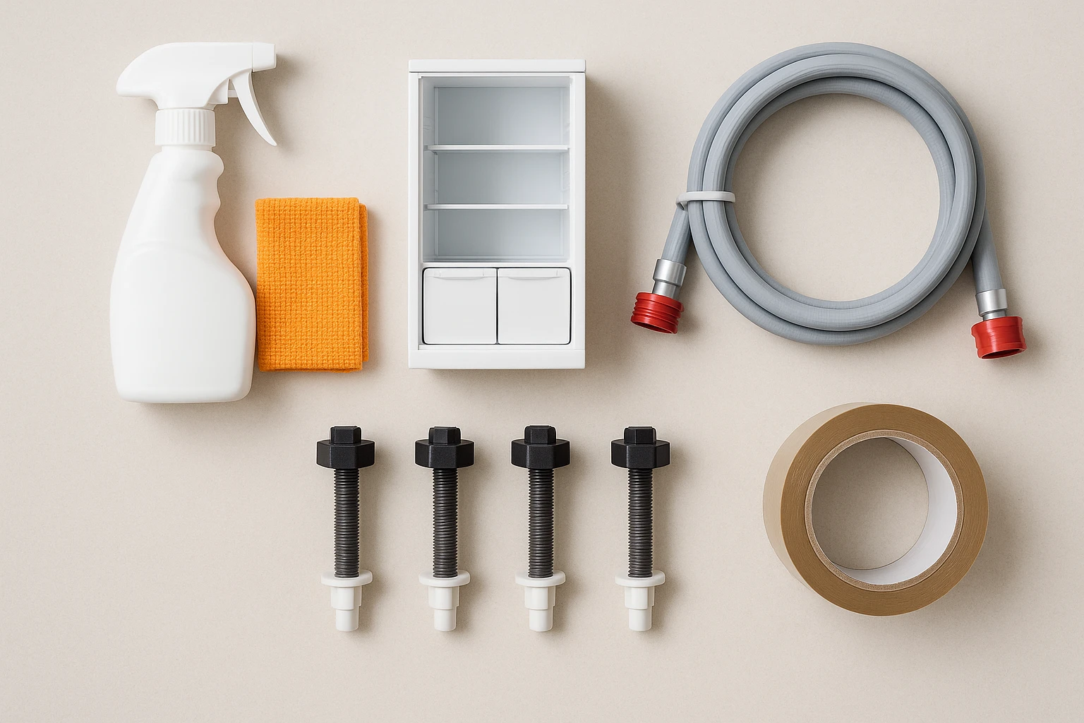 Appliance moving preparation essentials like tape, cleaning supplies, and a dolly