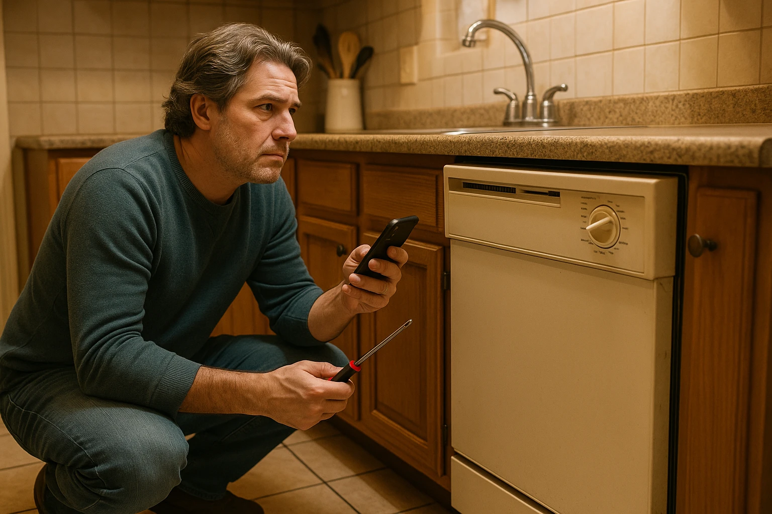 A person looking thoughtfully at a broken dishwasher, weighing the decision to repair or replace it.