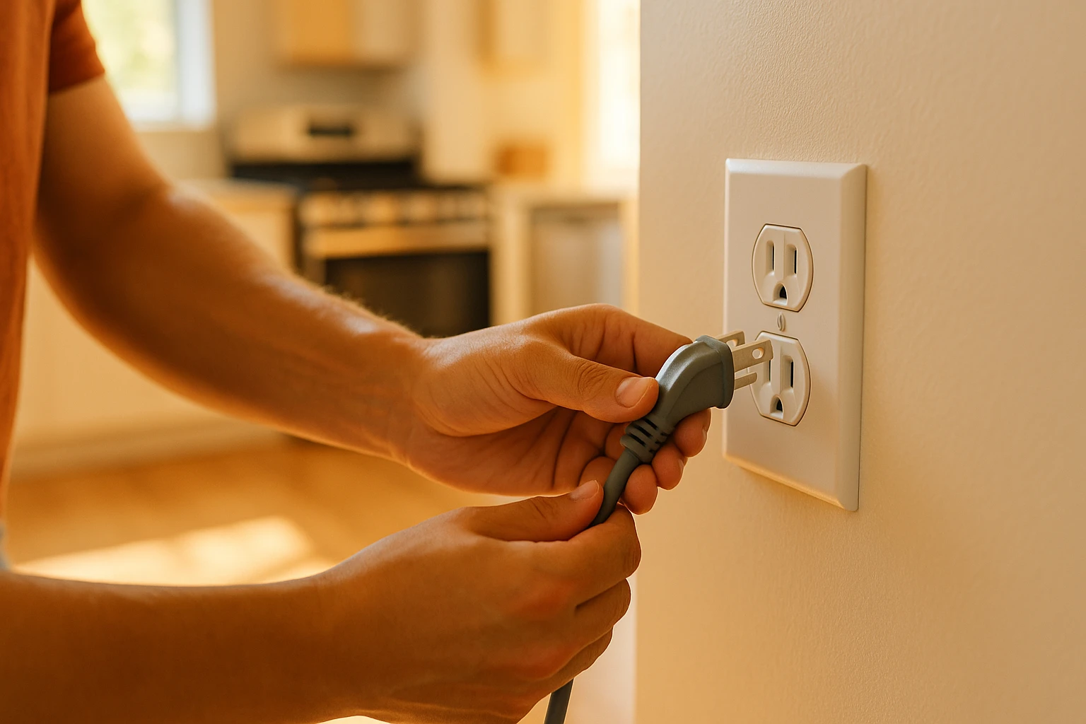 Technician reconnecting appliances in a new home