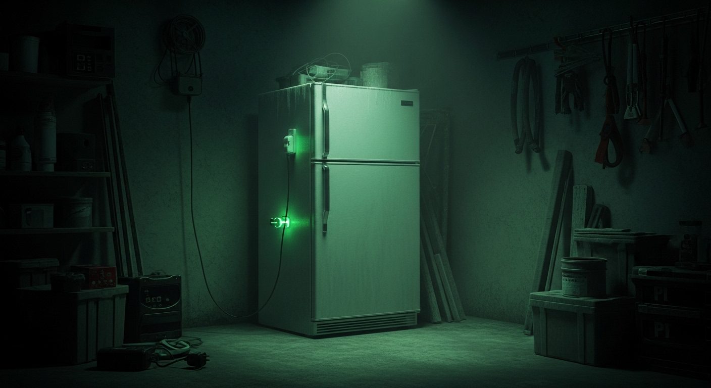 An old refrigerator depicted as an 'energy vampire' with fangs, symbolizing its high energy consumption, targeted by BC Hydro's program.