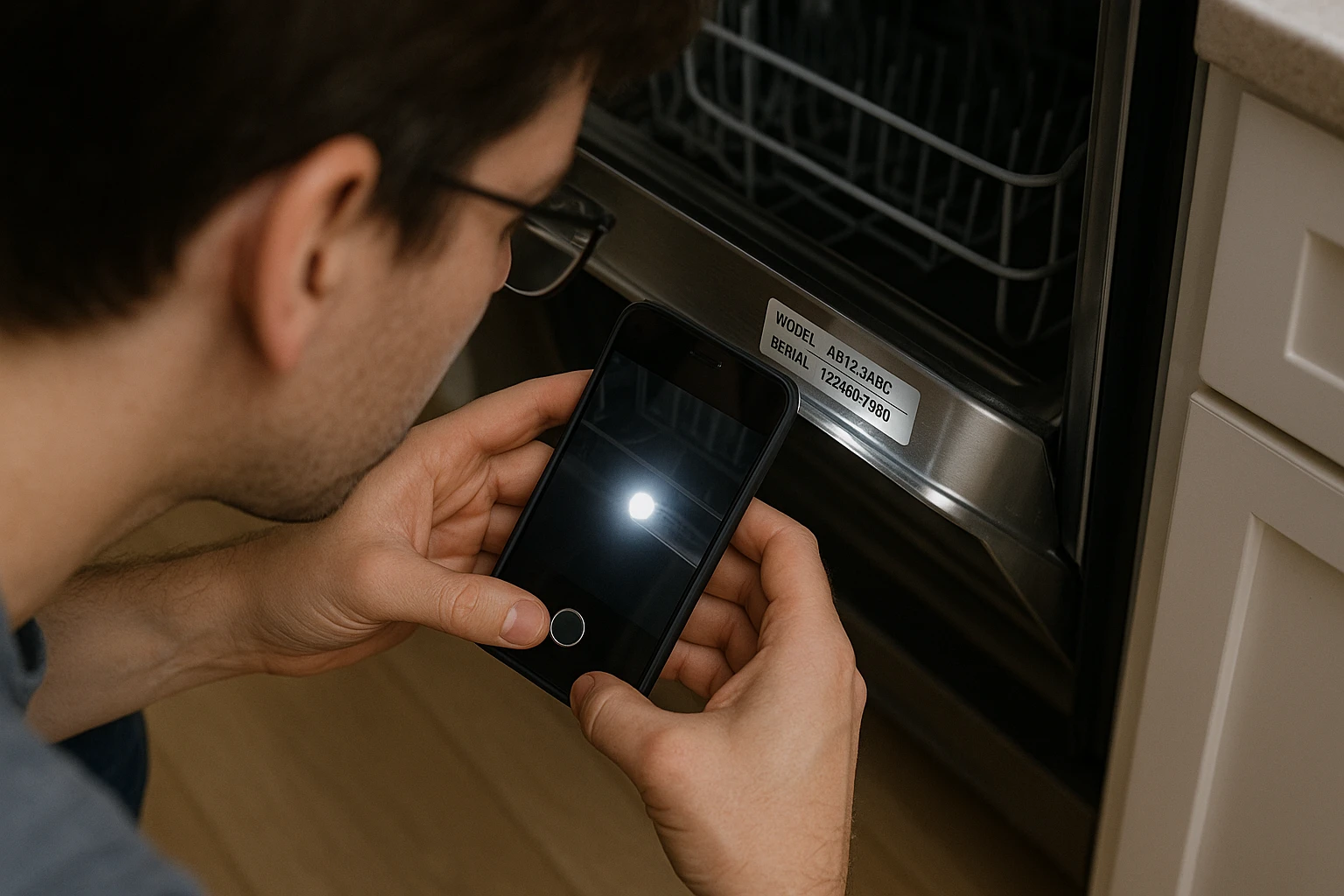 A person's hand pointing to a model and serial number sticker on an appliance.