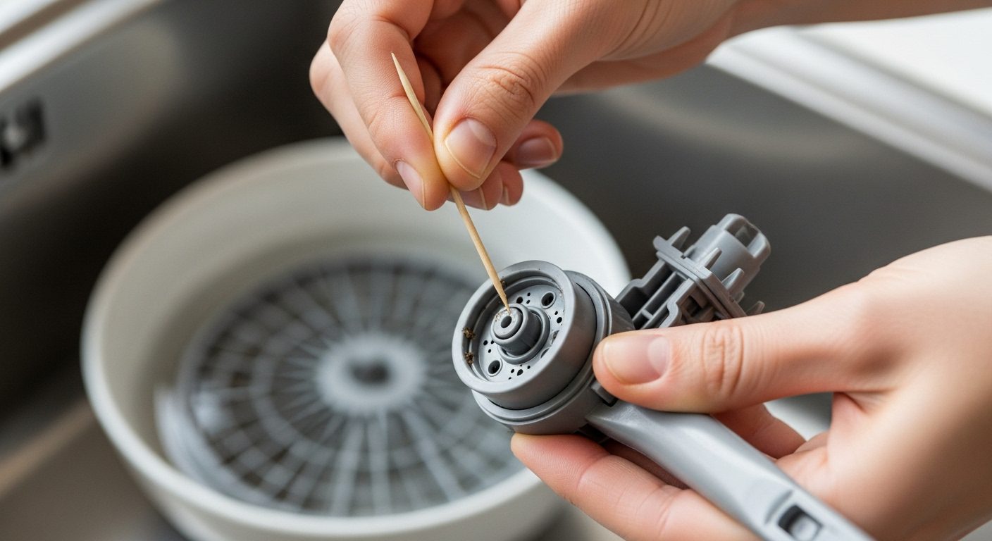 Hands cleaning a dishwasher filter and spray arm in a sink.