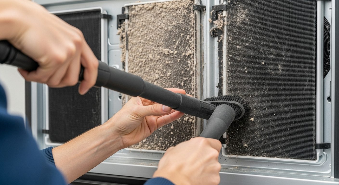 Technician cleaning refrigerator condenser coils with a brush.