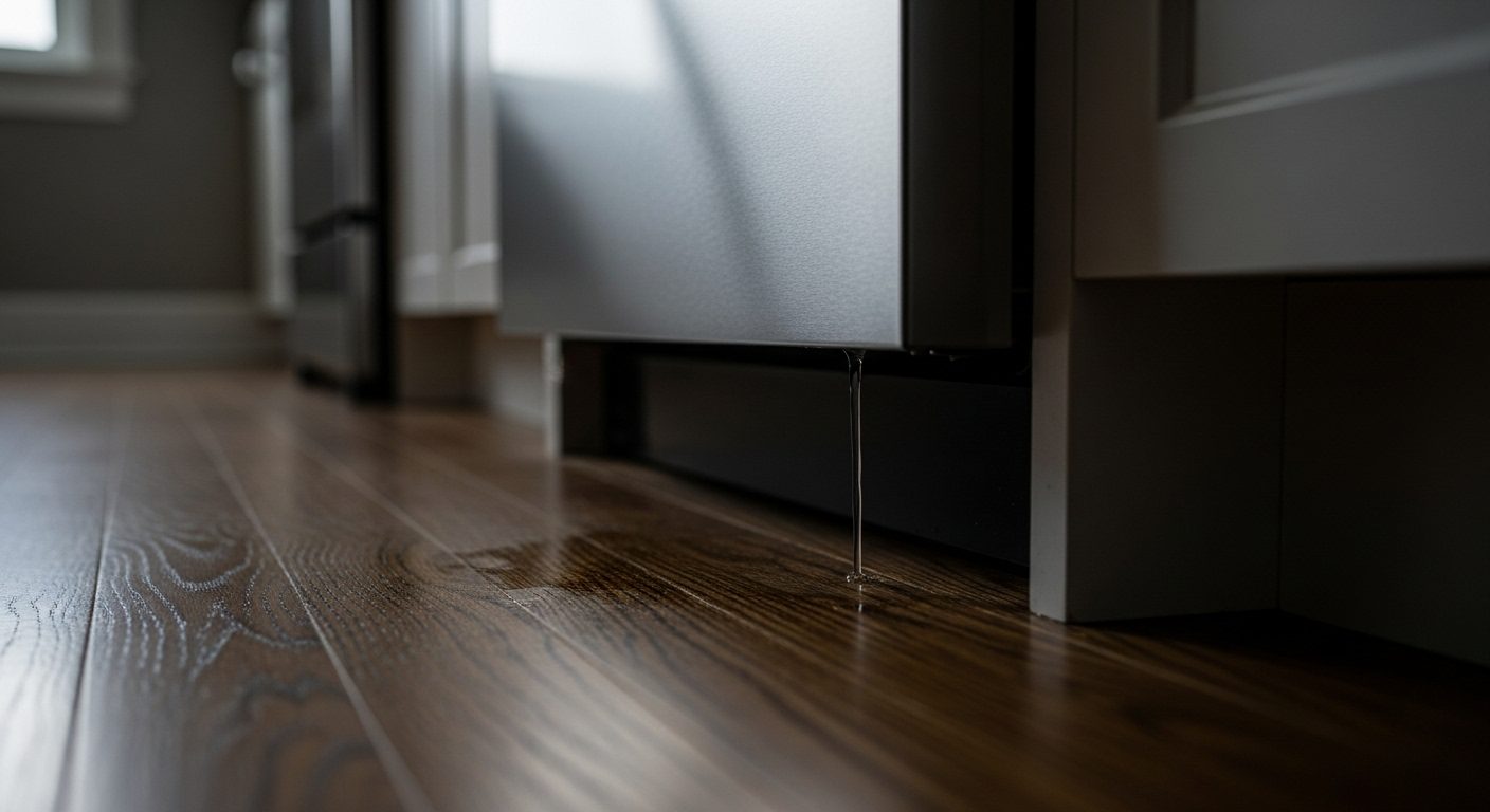 Hardwood floor showing water damage from a DIY appliance installation leak.