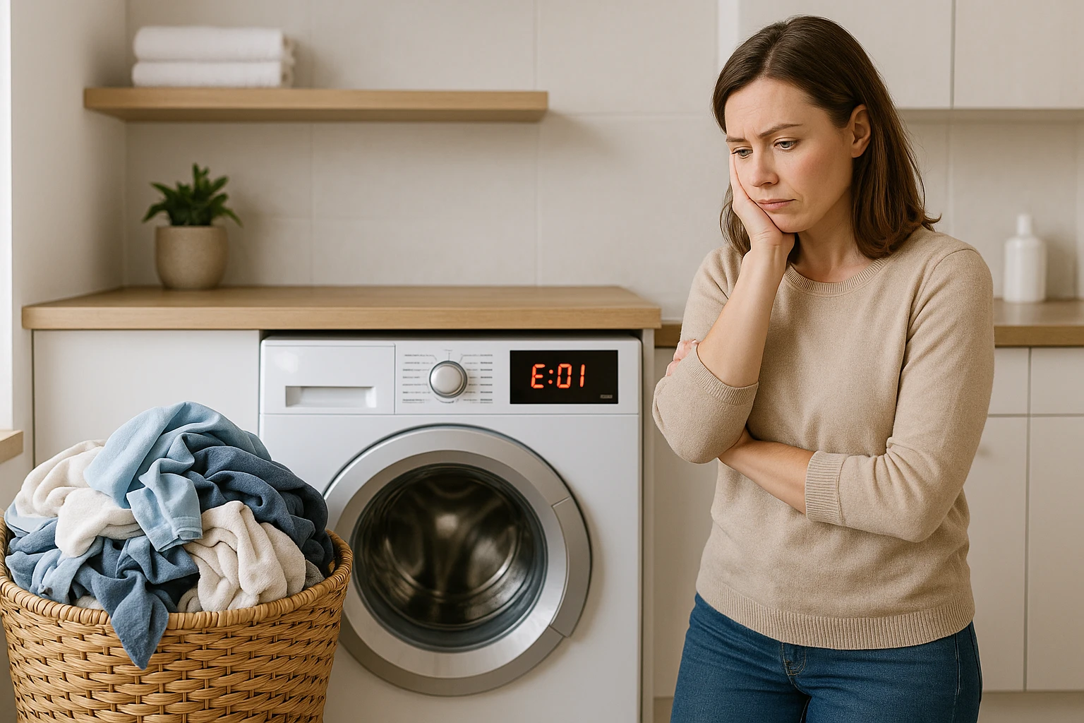 Frustrated homeowner with a broken washing machine that is not an emergency