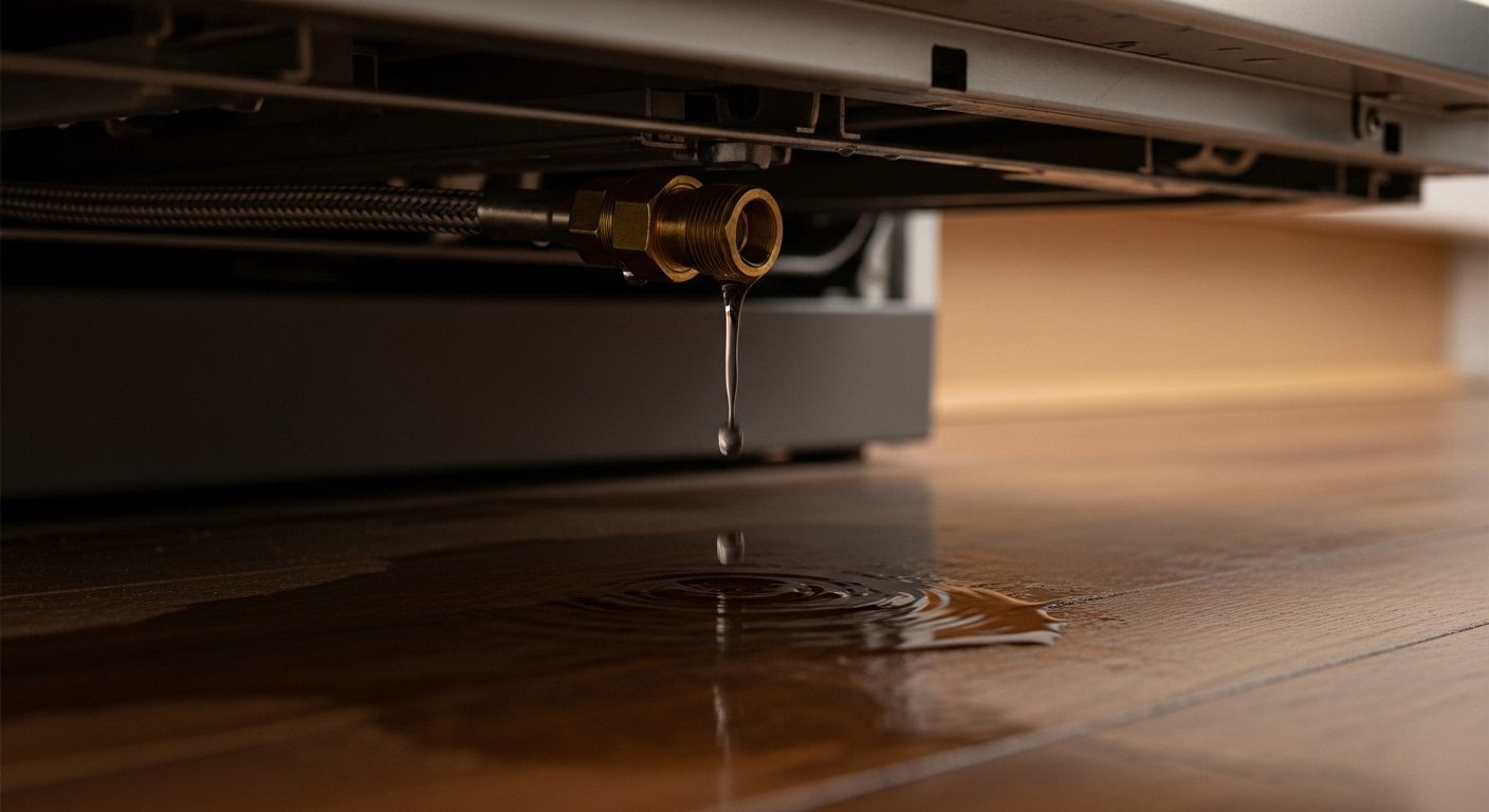 Water damage on a floor caused by a hidden leak from a poorly installed appliance