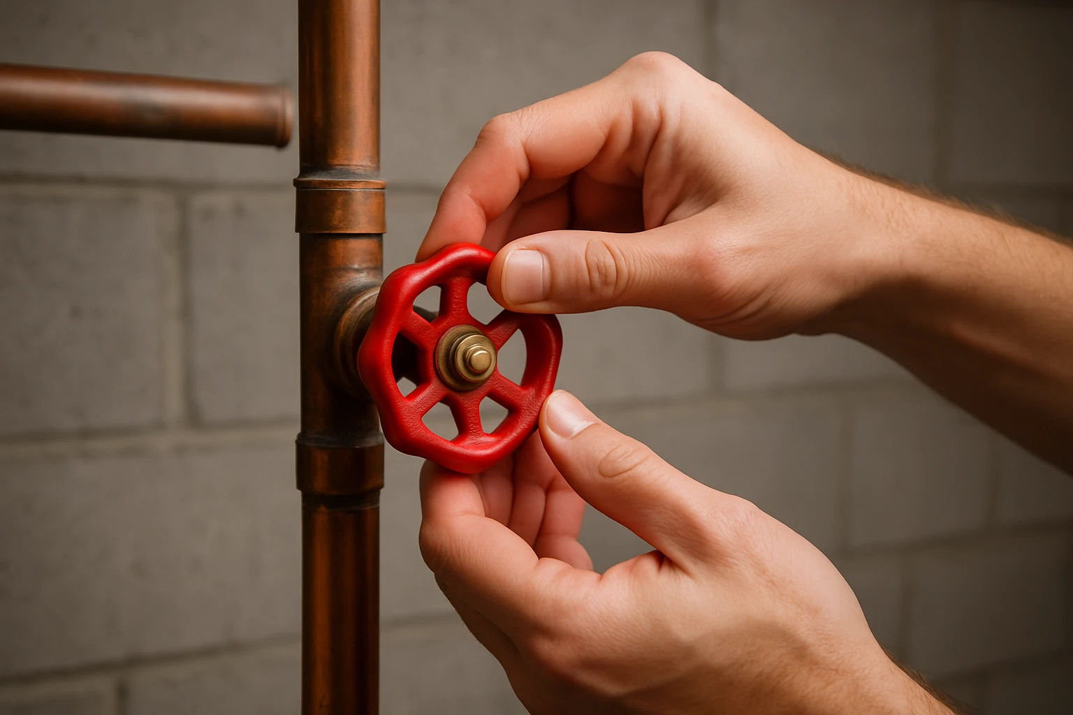 Homeowner safely shutting off a water valve during an appliance emergency