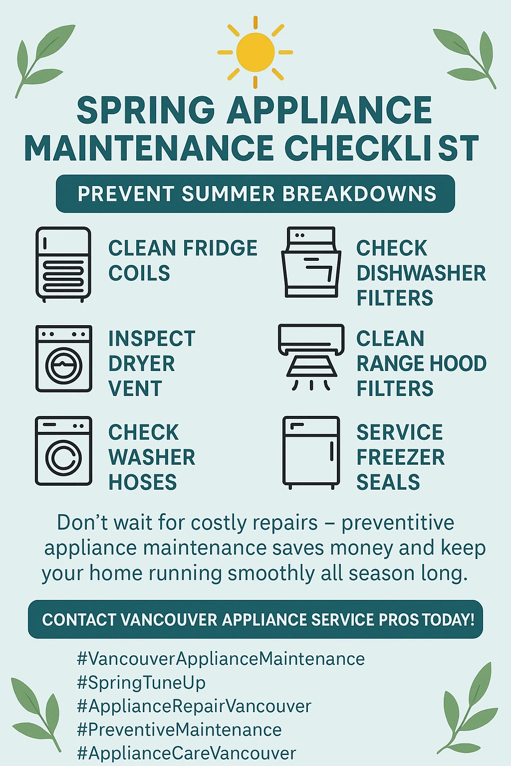 Infographic showing key takeaways for spring appliance maintenance in Vancouver