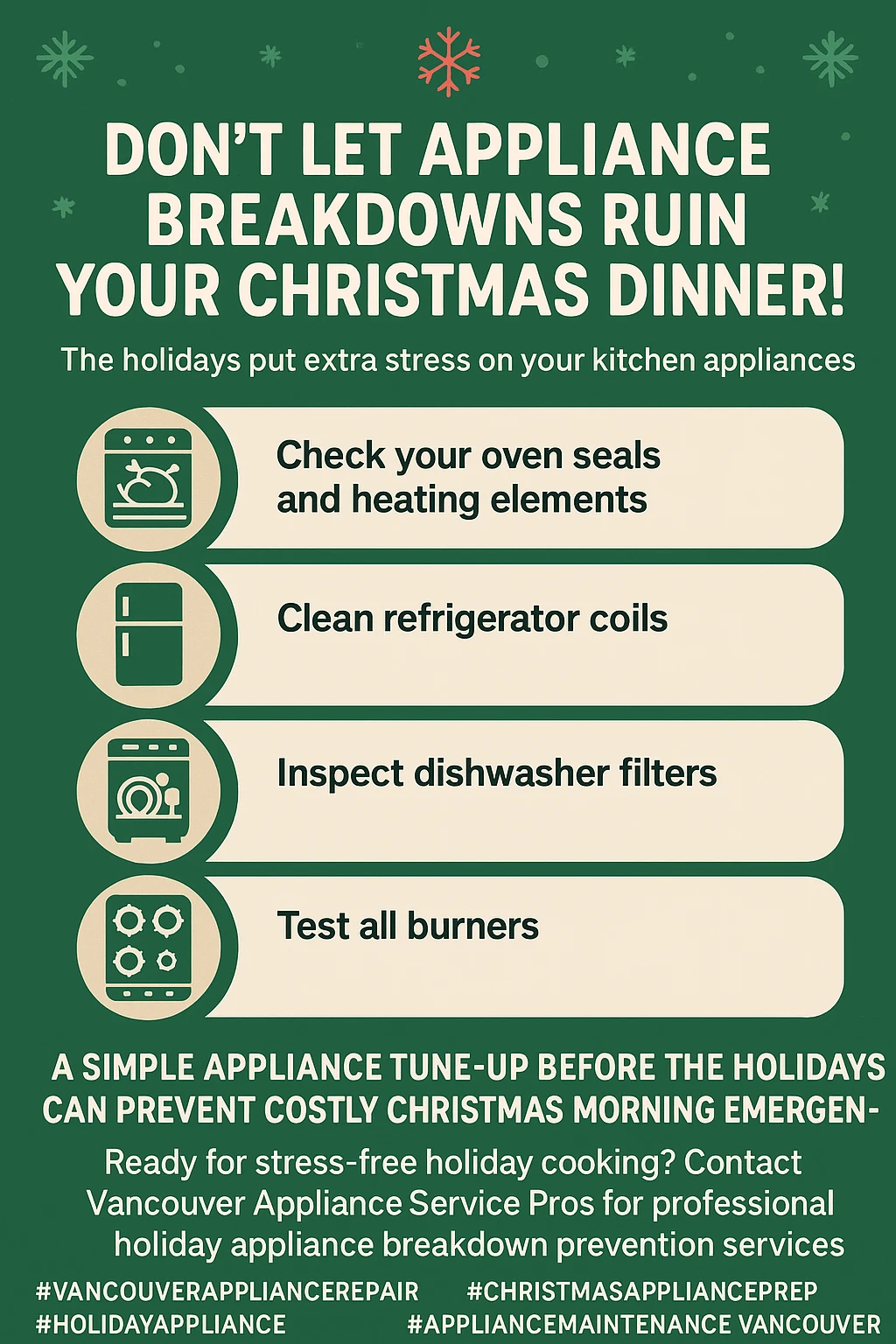Infographic detailing key takeaways for Vancouver appliance holiday maintenance.