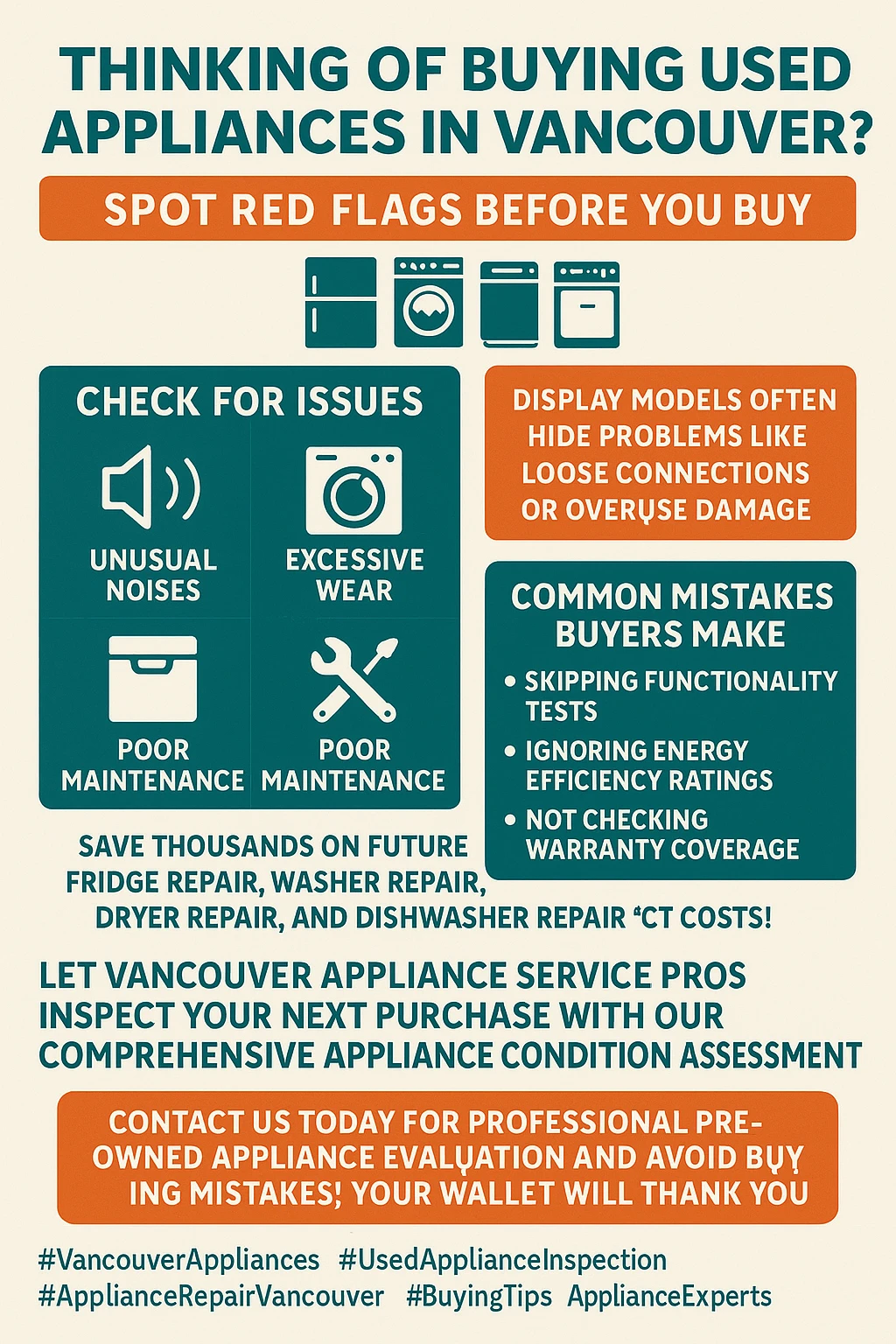 Infographic showing key takeaways for appliance pre-purchase inspection in Vancouver.
