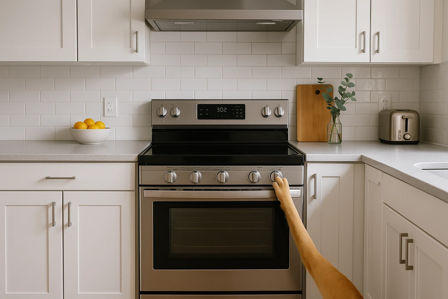 A modern kitchen range with front-mounted knobs, which can be a recall issue.