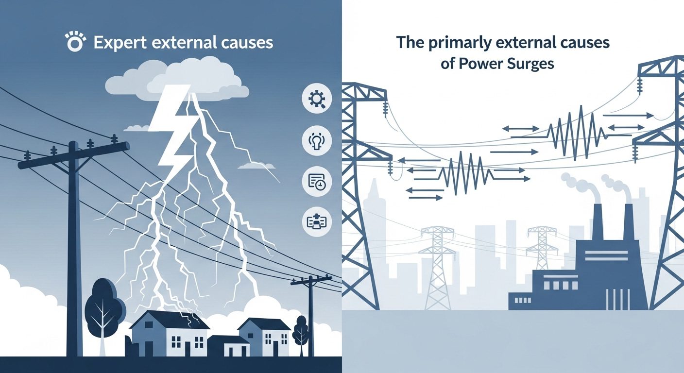 Illustration showing power surge causes, including lightning strikes and utility grid fluctuations.