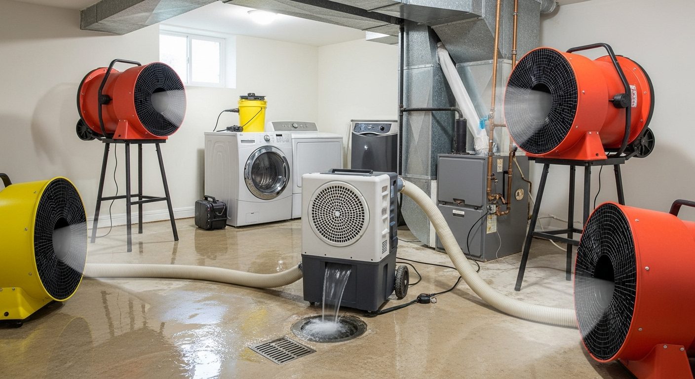 Professional drying equipment restoring a flooded basement