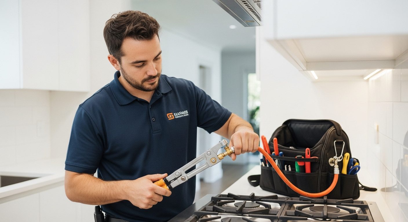 Professional appliance installer at work in a Vancouver kitchen.