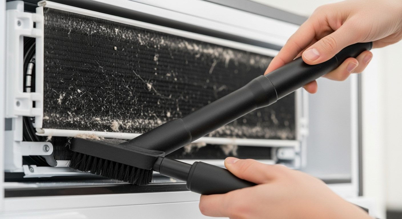 Close-up of a person cleaning refrigerator condenser coils with a vacuum brush.