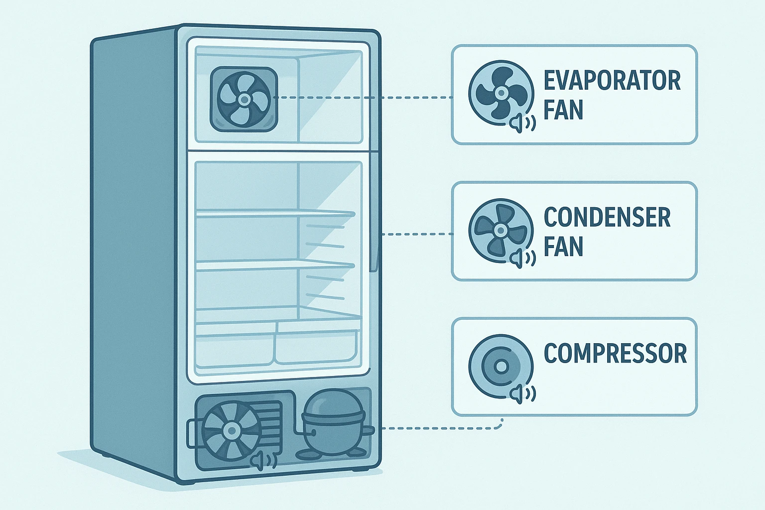 Diagram of refrigerator components that can cause noise.