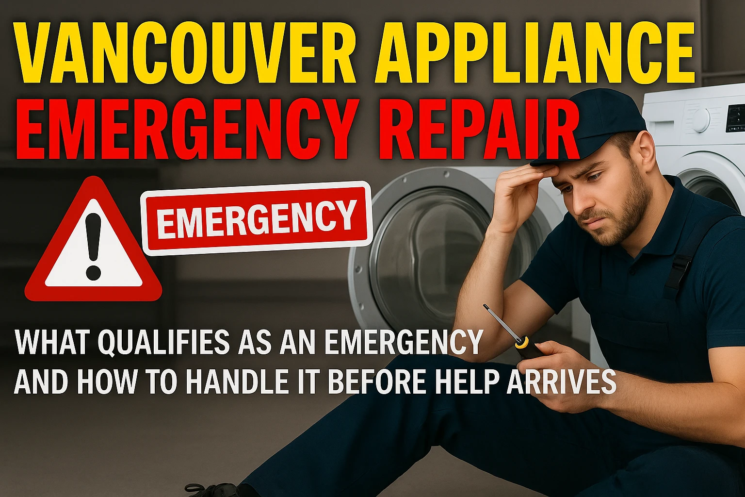 A distressed man sits in front of a washer and dryer, with text overlay about Vancouver appliance emergency repair and what qualifies as an emergency.