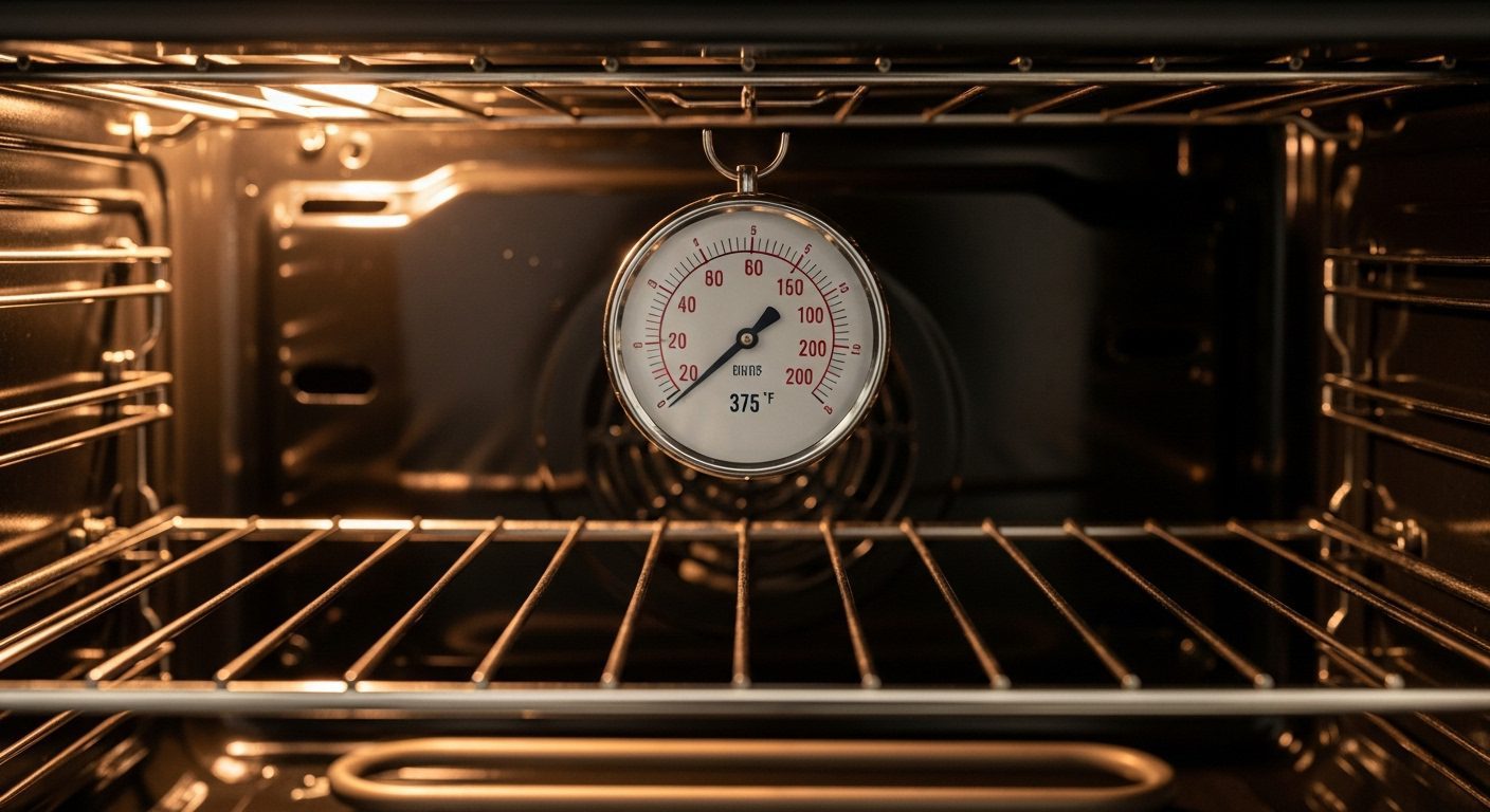 A standalone thermometer inside an oven to test temperature accuracy.