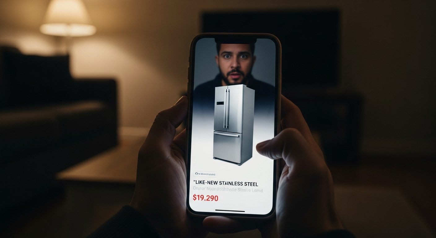 A red flag shown over an online listing for a used appliance.