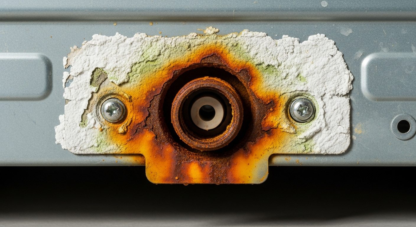 Close up of a used dishwasher interior showing signs of rust and water damage.