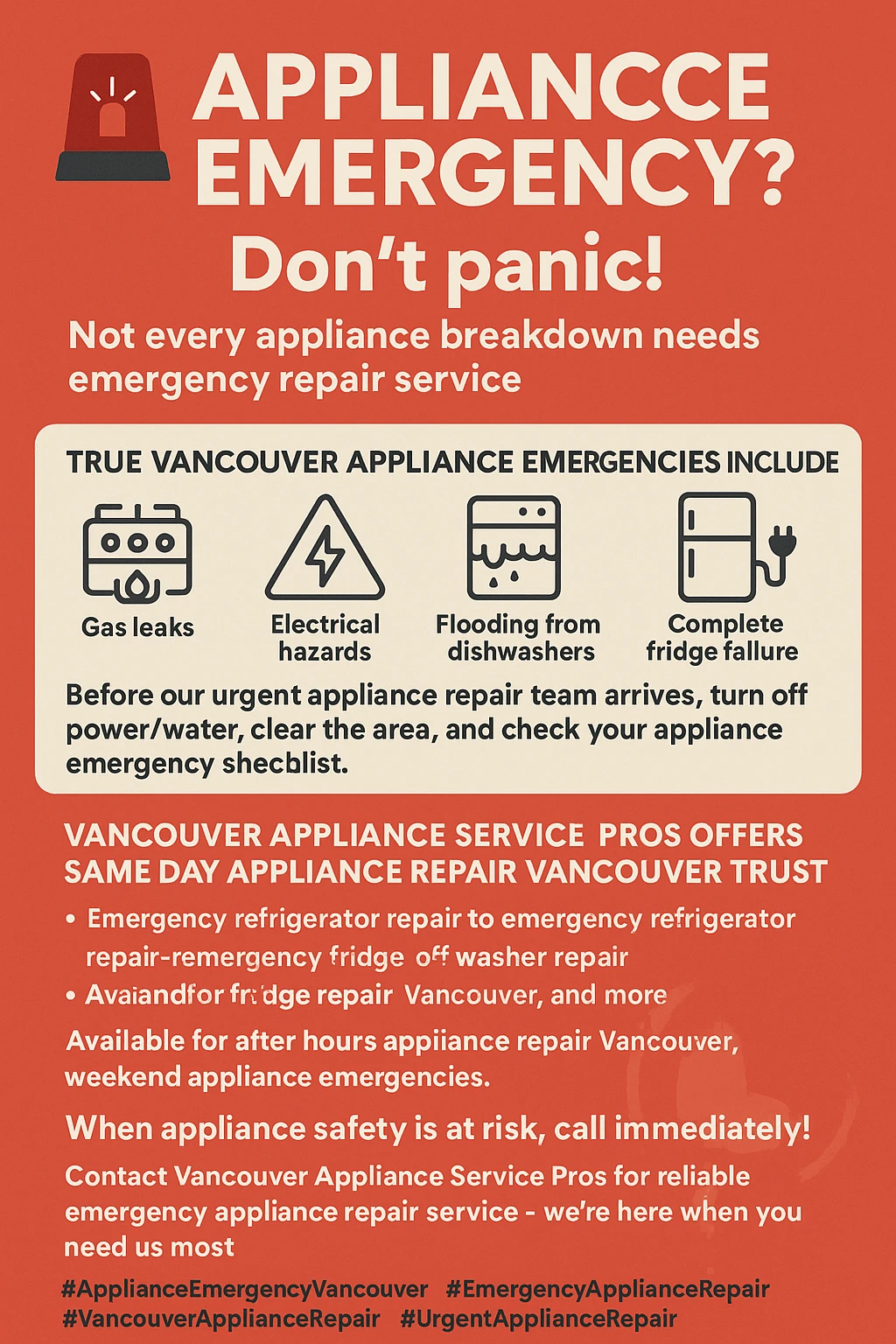 Infographic of key takeaways for appliance emergency repair in Vancouver