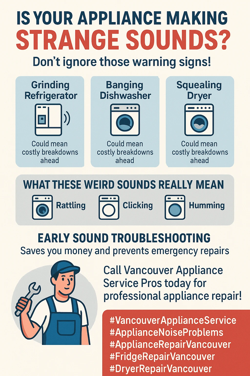 Key takeaways infographic for appliance noises in Vancouver.