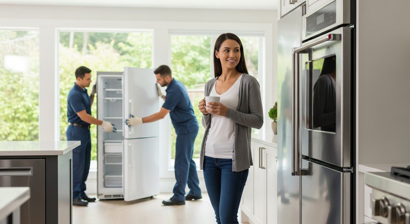 A modern kitchen with new, energy-efficient appliances, showcasing a successful upgrade through a trade-in program.
