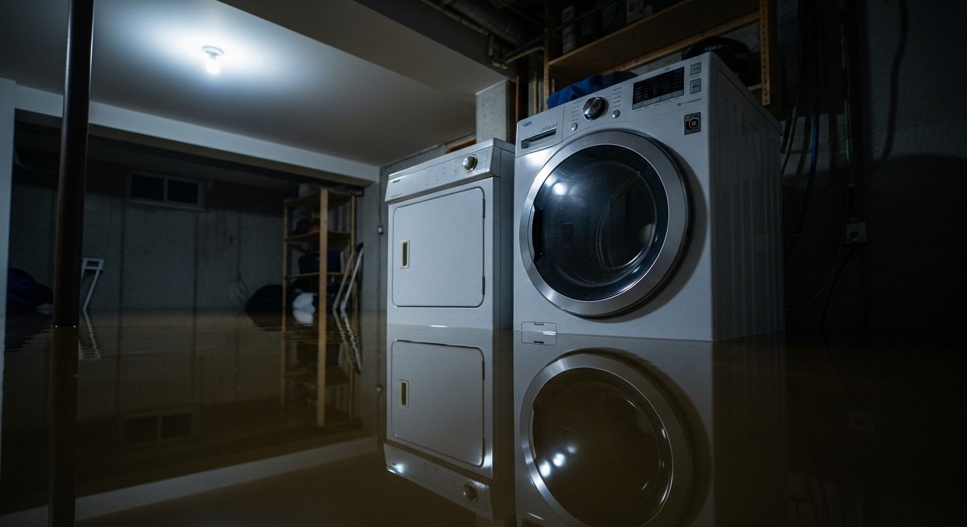 Flooded basement in Vancouver with water-damaged appliances