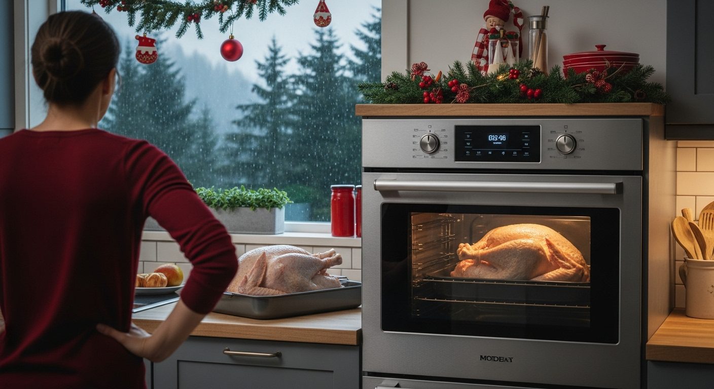 A person looking stressed in front of a kitchen appliance during the holidays.
