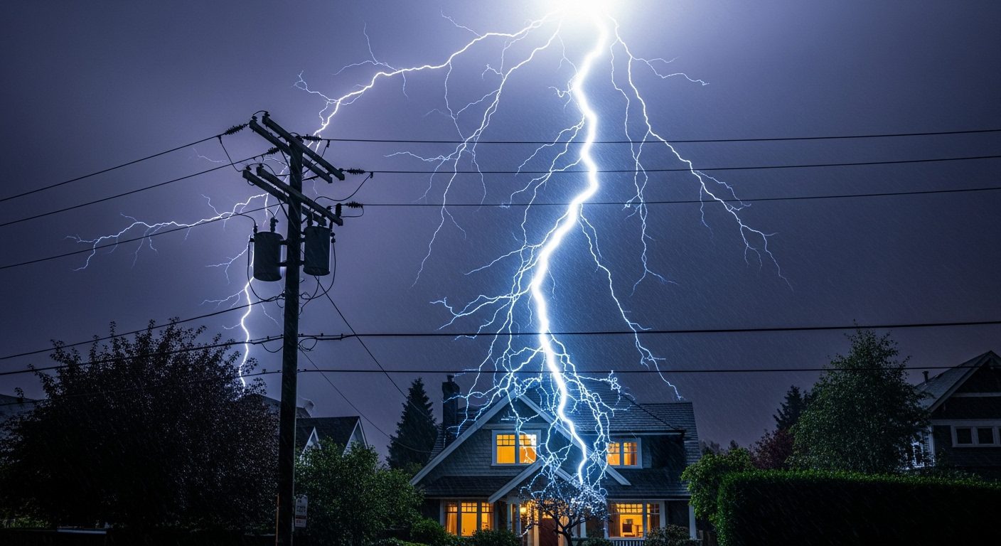 Lightning storm over Vancouver homes highlighting the need for surge protection