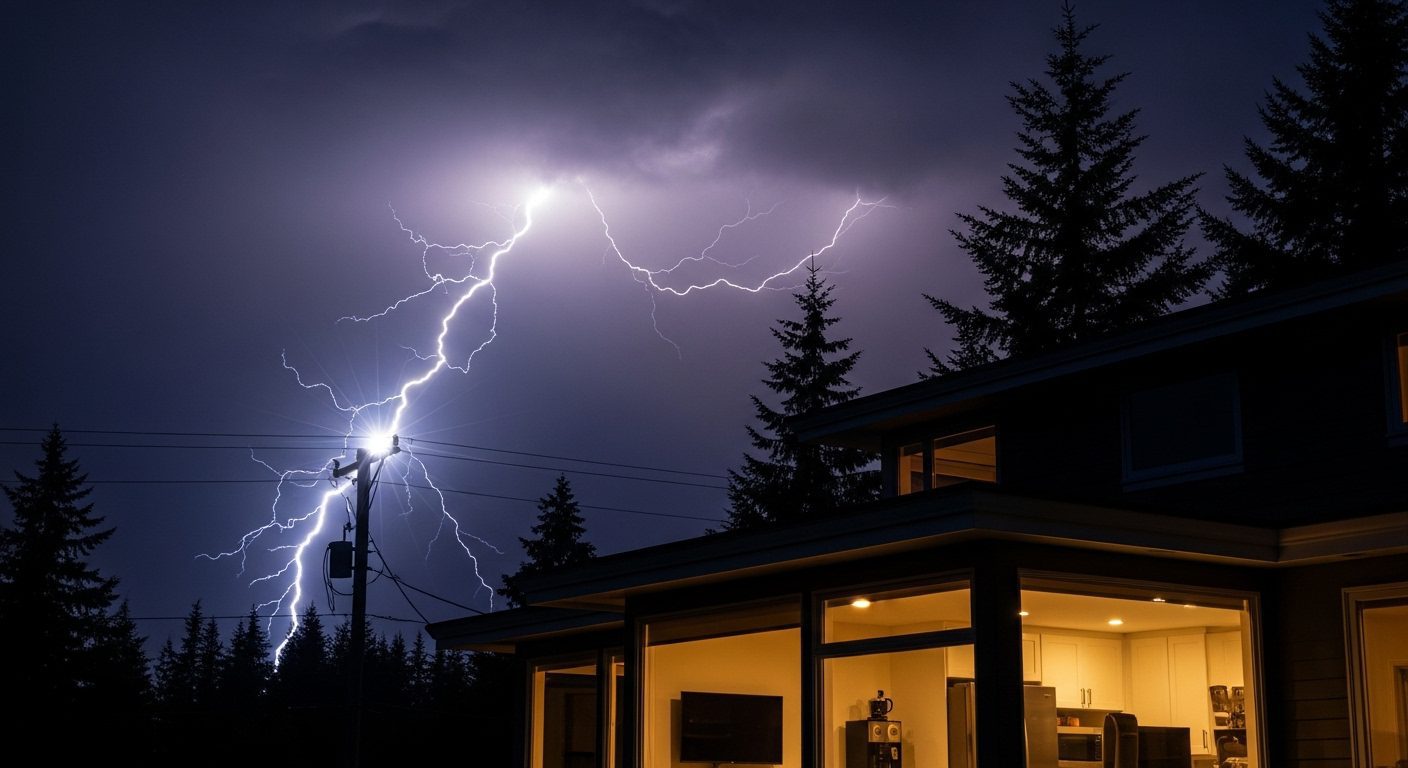 A Vancouver home under a stormy sky, illustrating the threat of a power surge.