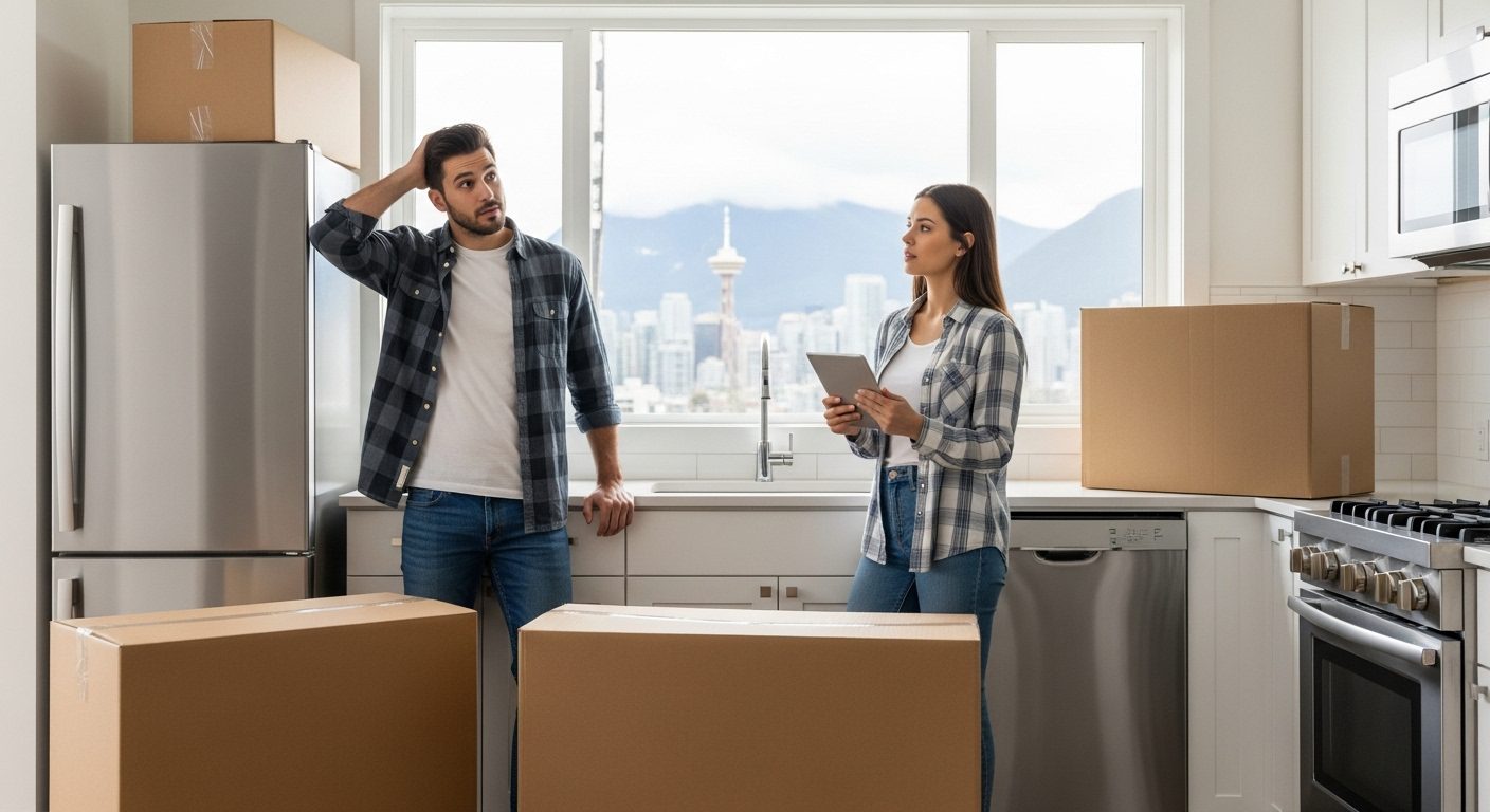 Stressed homeowner surrounded by new appliance boxes in a Vancouver home.