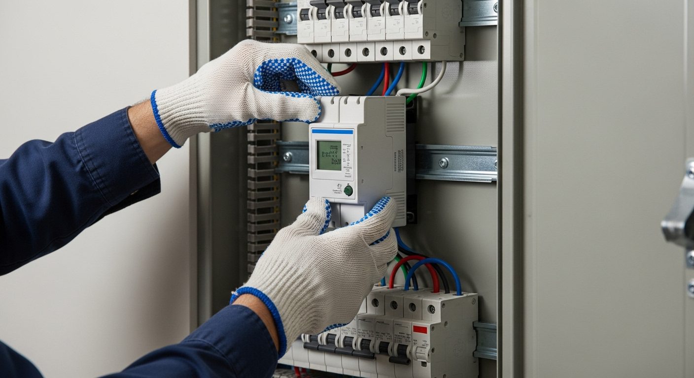 Electrician installing whole-home surge protector at an electrical panel