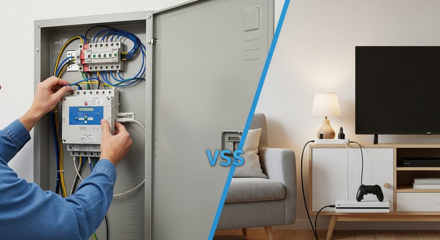 A side-by-side comparison of a whole-home surge protector and a point-of-use surge protector strip.