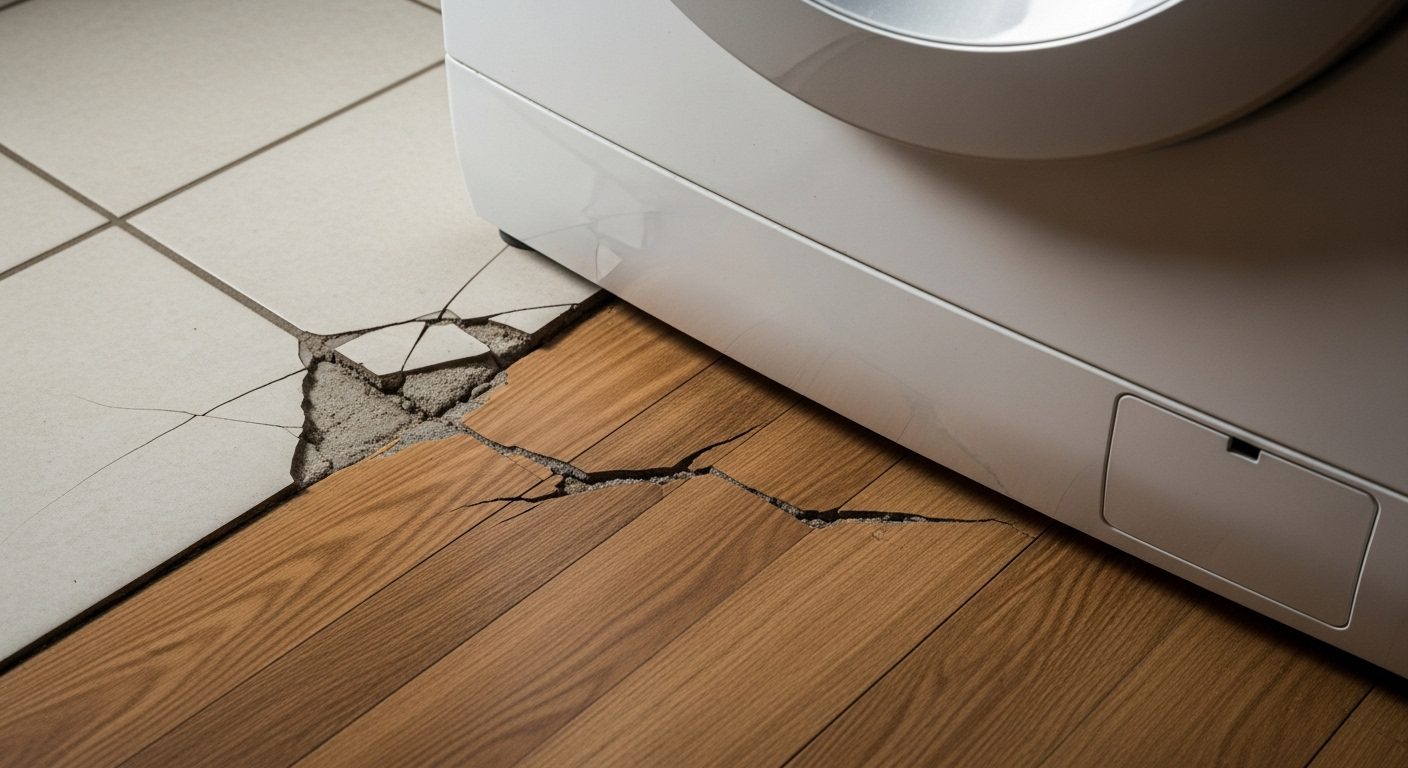 Damaged floor tiles caused by appliance vibration.