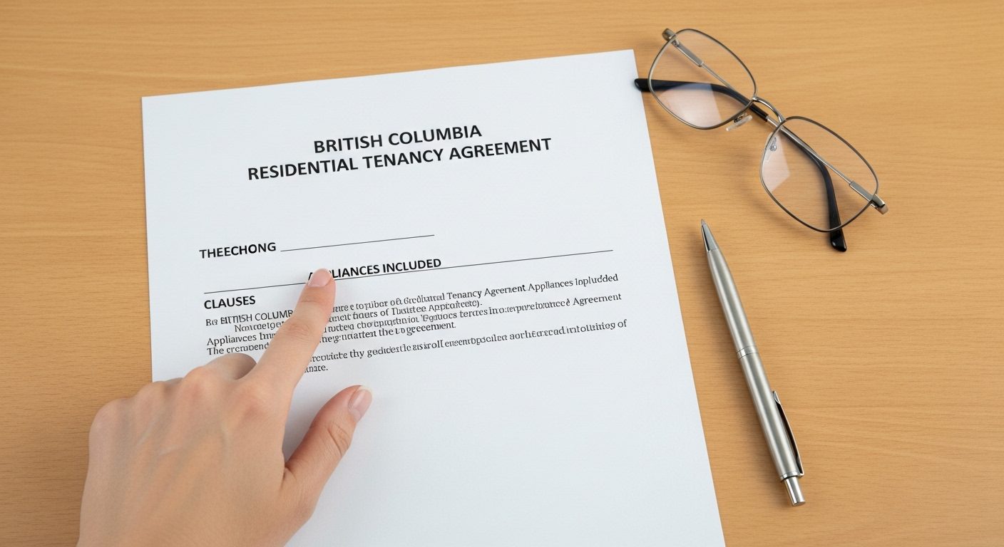 Close-up of a BC tenancy agreement highlighting the appliance clause section