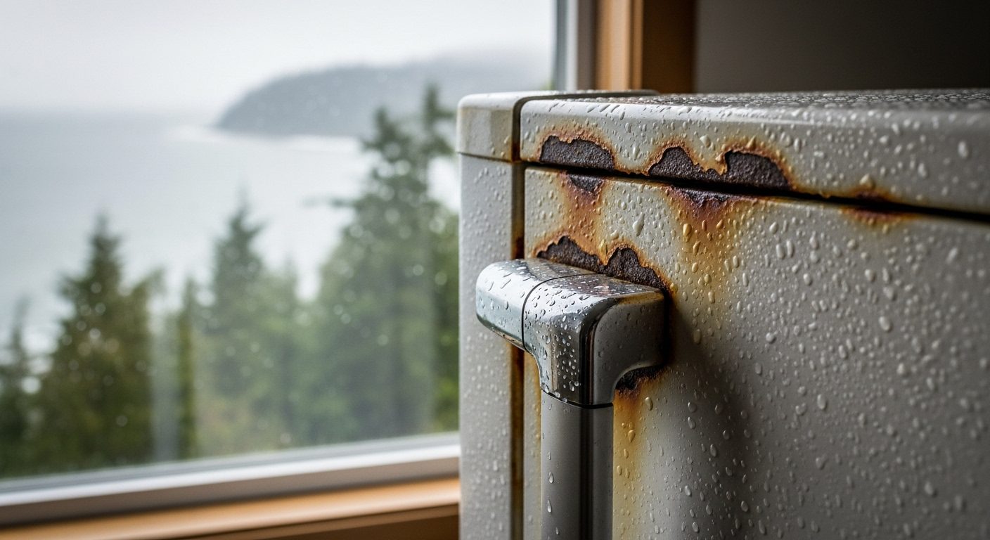Corroded appliance component showing damage from Vancouver's coastal climate.
