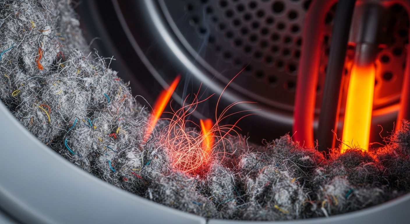 A large amount of flammable lint removed from a dryer vent, showing a common fire hazard.