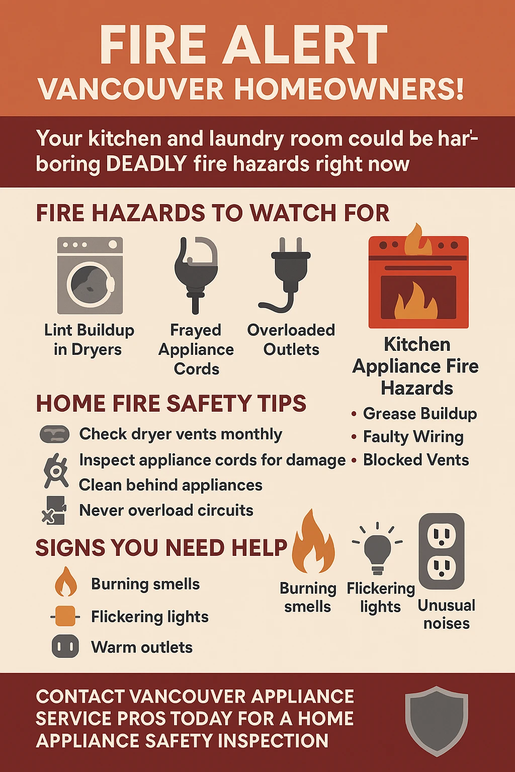 Infographic showing key statistics for appliance fire safety in Vancouver including that ovens cause over 50% of fires and dryers cause 15,500 fires annually.