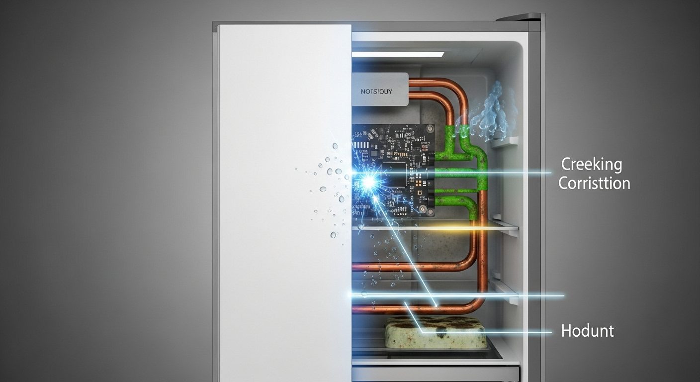 Close-up of internal appliance components showing damage and corrosion from humidity.