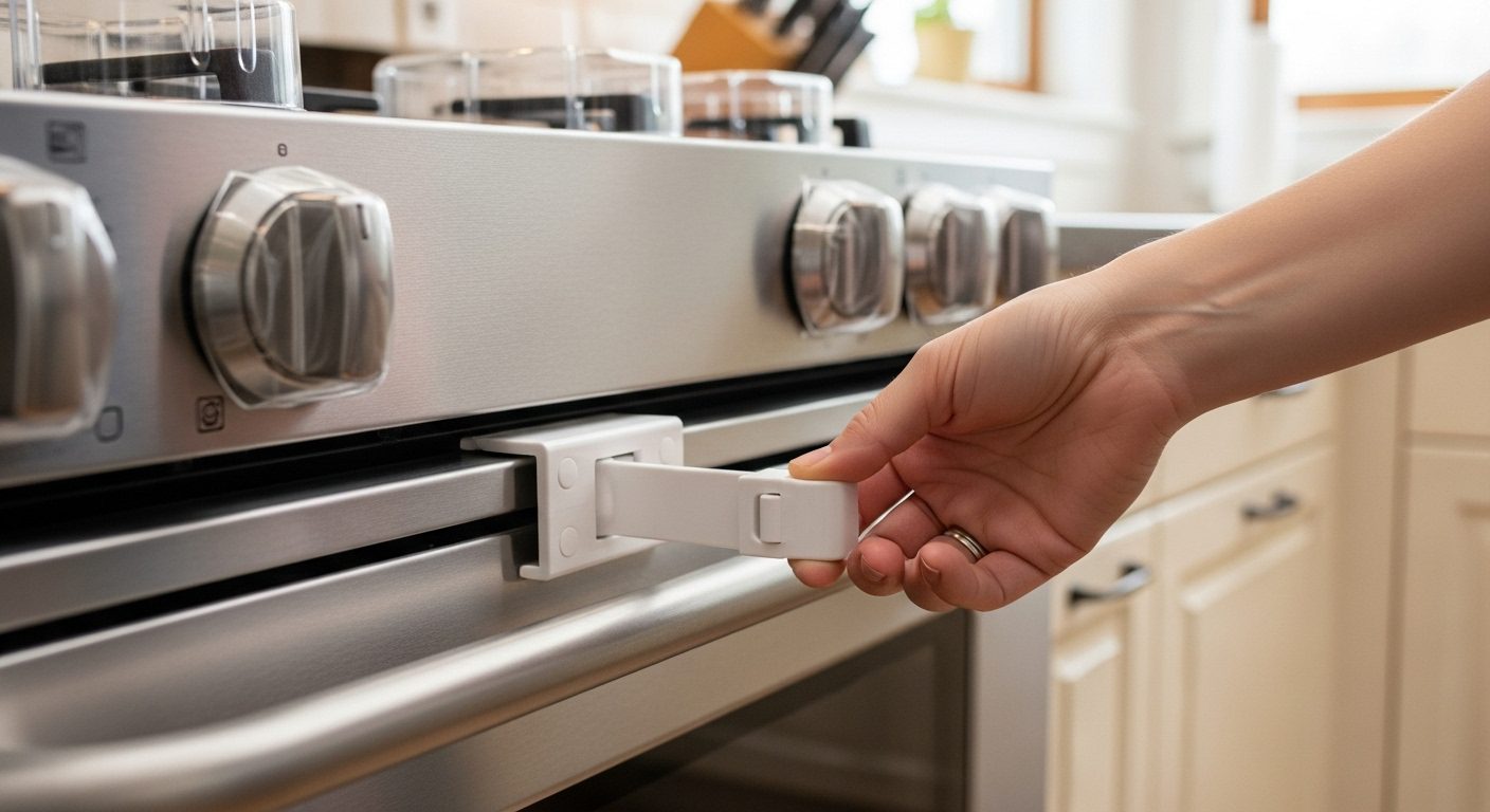 Child safety locks installed on kitchen appliances