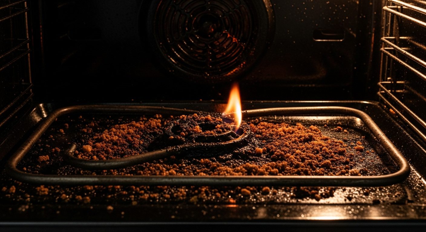Grease and food debris buildup inside an oven, representing a significant fire risk.