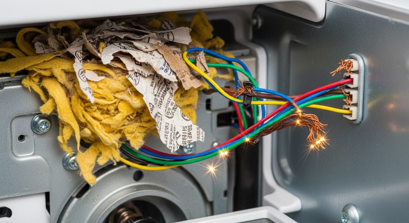 Mouse nest with chewed appliance wires