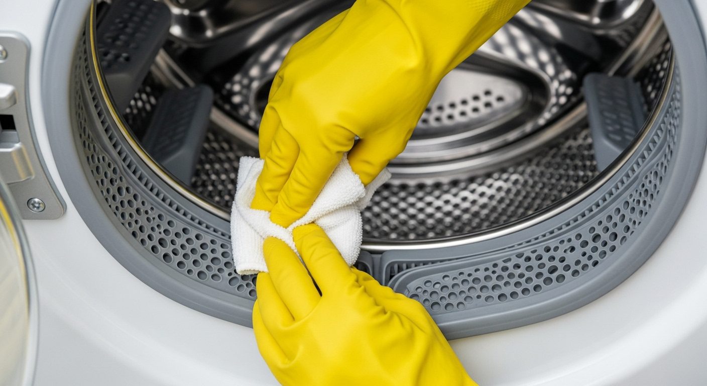 Person proactively cleaning a washing machine seal to prevent mold