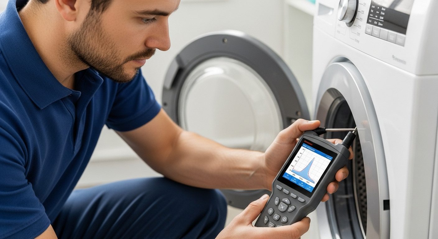 Technician using an accelerometer to diagnose appliance vibration.
